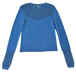 Free People Colette Knit Top Size S Color- Calendula Lacey Yoke Blue